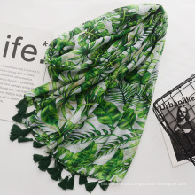 Moda verde impressão lenço de algodão voile material cachecol com borlas mulheres lenço de viagem